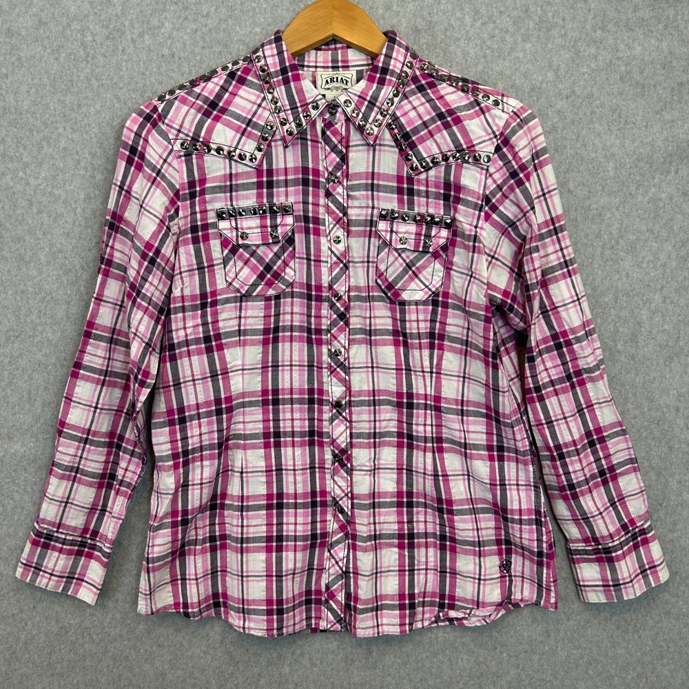 Ariat Western Shirt Pink Plaid Studded Rodeo Cowgirl Button Down Womens Large